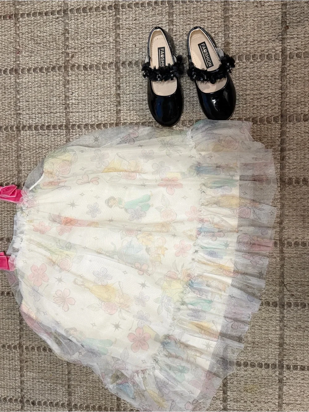 Kids Floral Tulle Party Disney Princess Dress - With Black dress shoes.